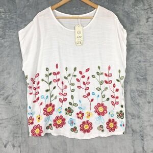 Womens Top Large XL White Embroidered Floral Cottagecore Boho Beachy Coastal NWT
